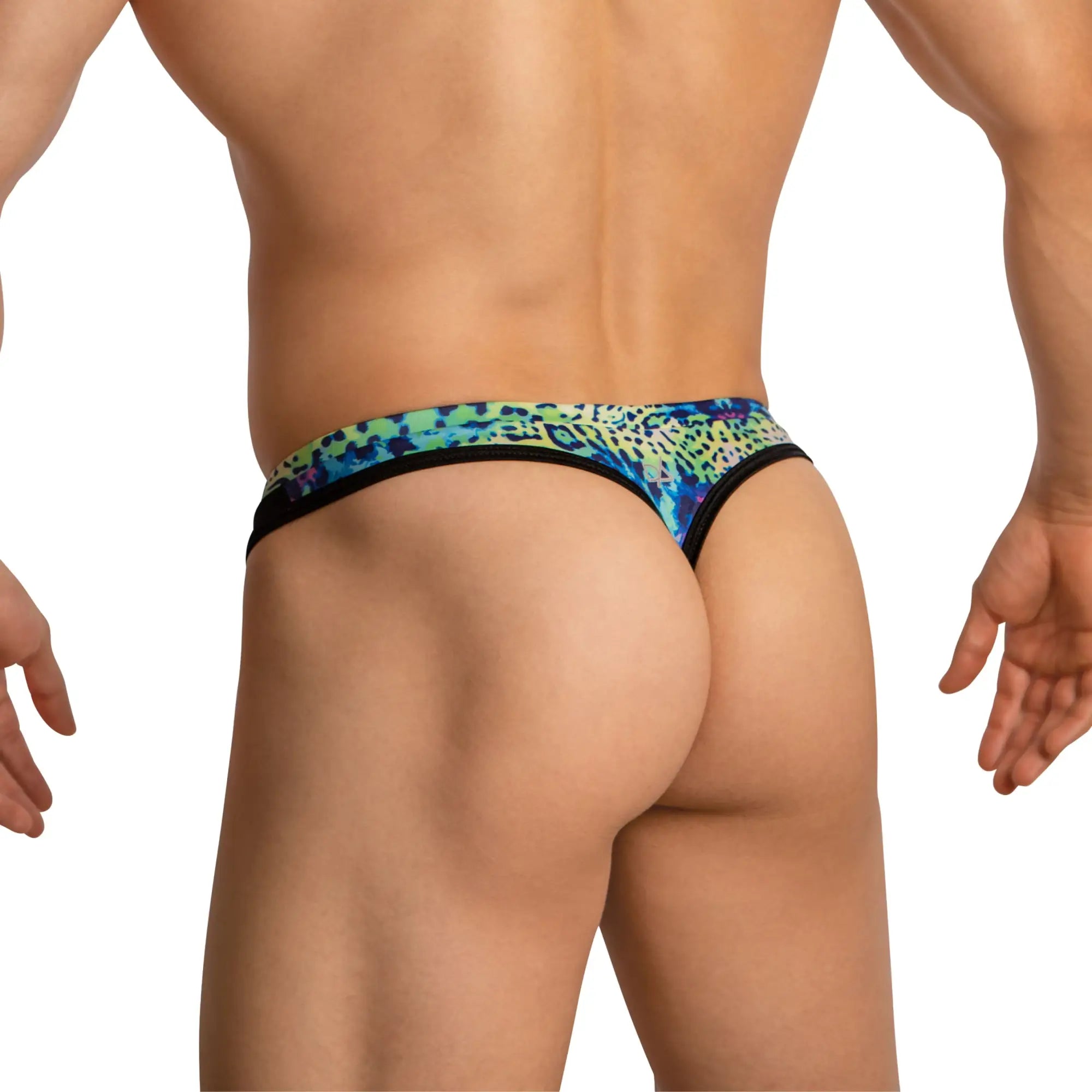 Daniel Alexander DAL053 g-string vibrant blue and green leopard-print thong with black trim showing front side