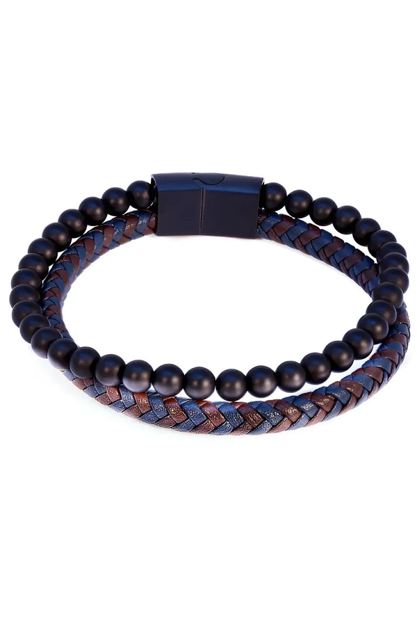 Black beaded and braided leather daper fad bracelet with a sleek magnetic clasp for stylish wear