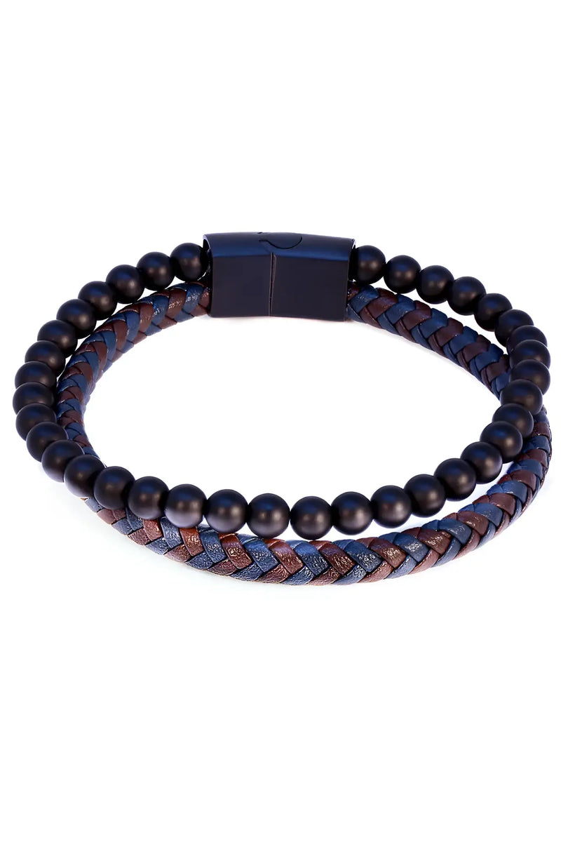 Black beaded and braided leather daper fad bracelet with a sleek magnetic clasp for stylish wear
