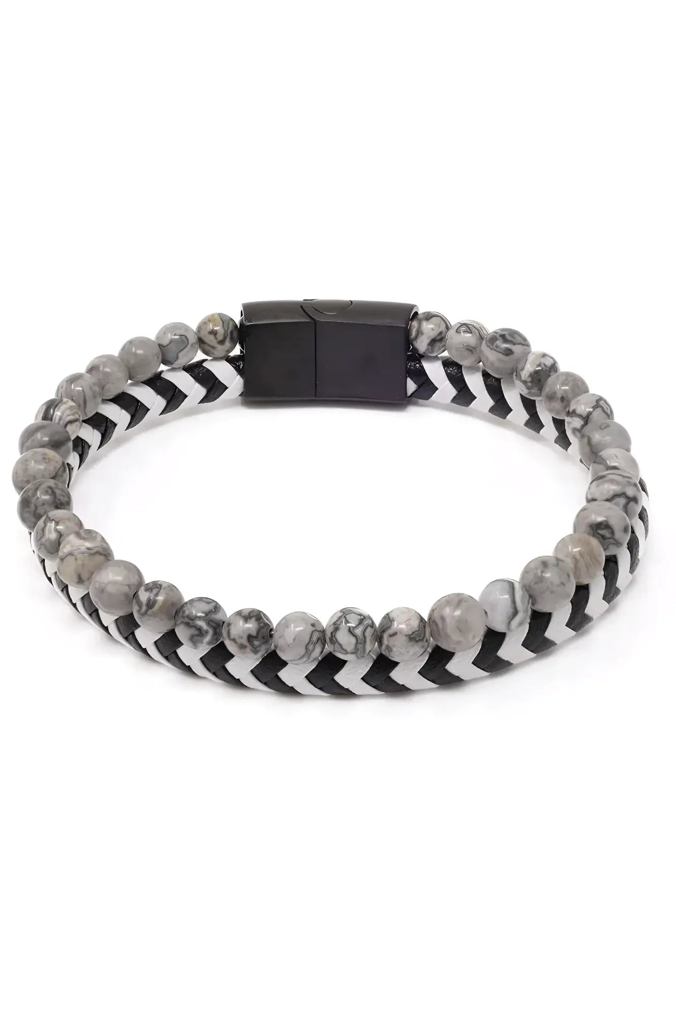 DAPER FAD bracelet with black and gray marbled stone beads woven with black and white chevron cord and black clasp