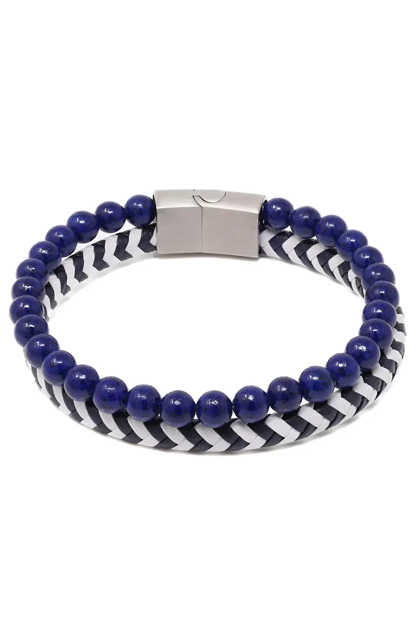 A daper fad bracelet featuring a navy blue beaded design with a black and white chevron woven band and silver clasp