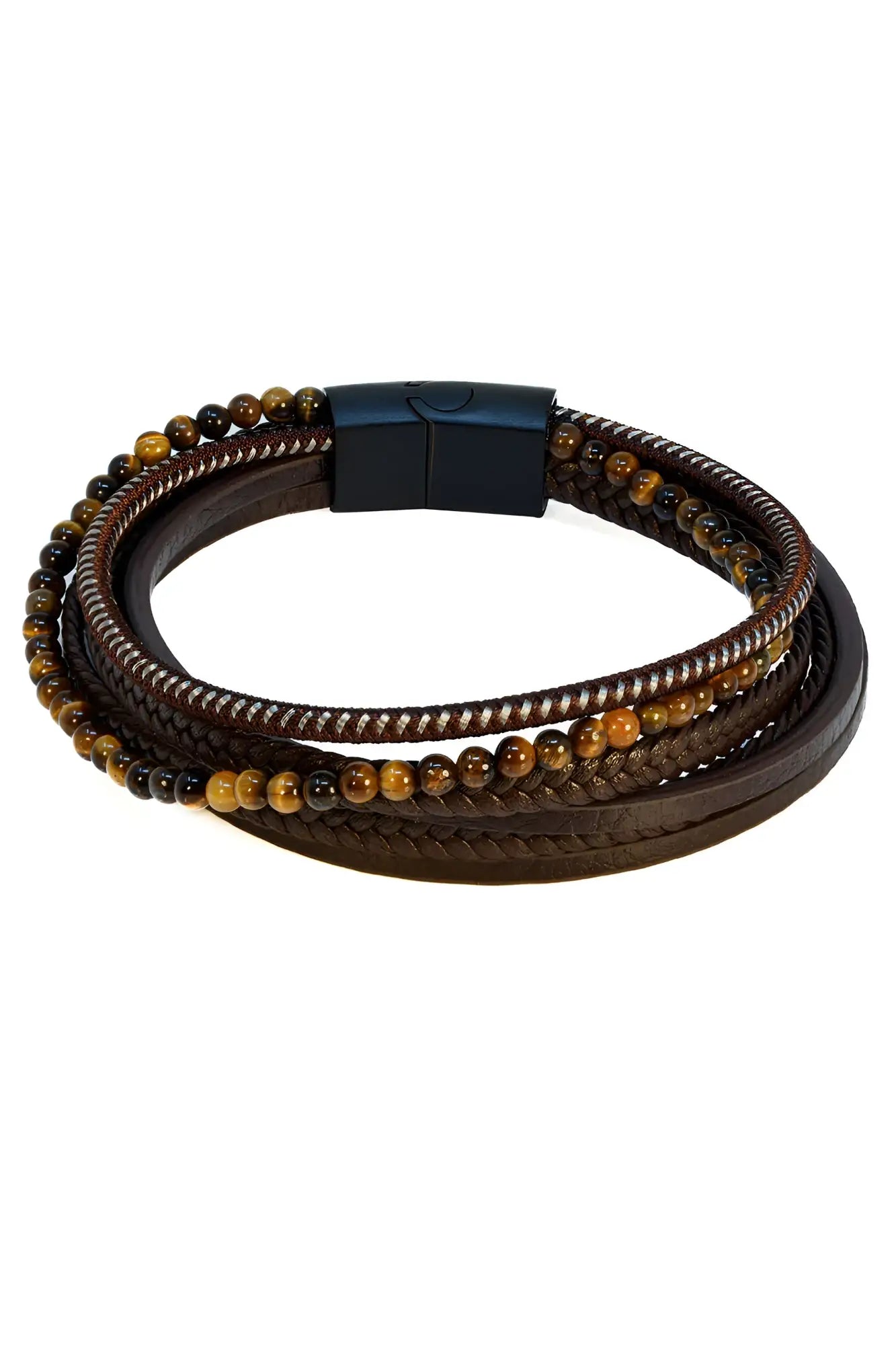 Brown leather multi-strand dapper last word bracelet with tiger eye beads and black magnetic clasp