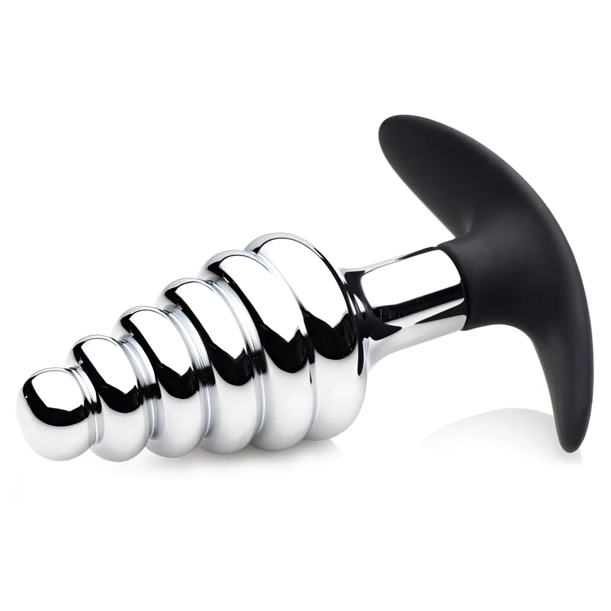 Silver-coated metal anal plug with black t-shaped handle and spiral ridges from dark hive ribbed collection