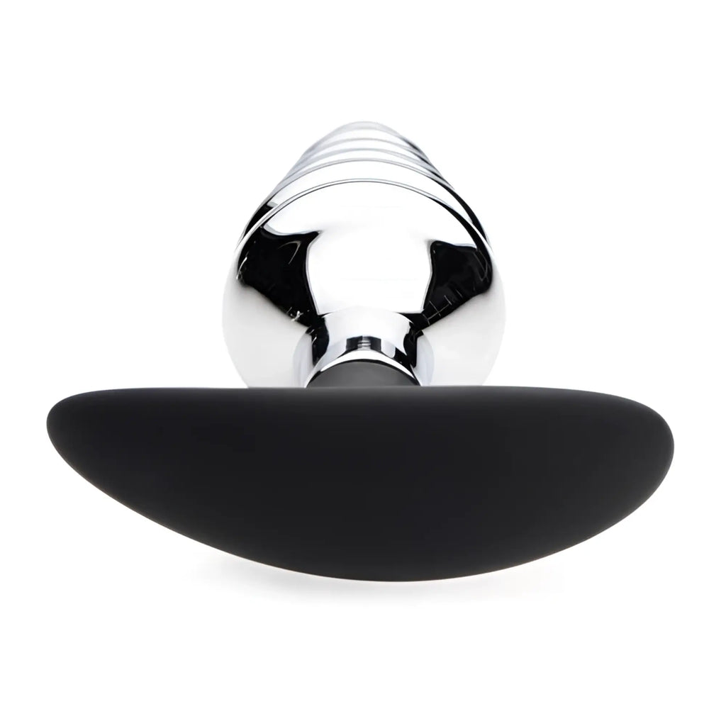 Silver metallic anal plug with black silicone base dark hive metal and silicone ribbed anal plug shown from the back side