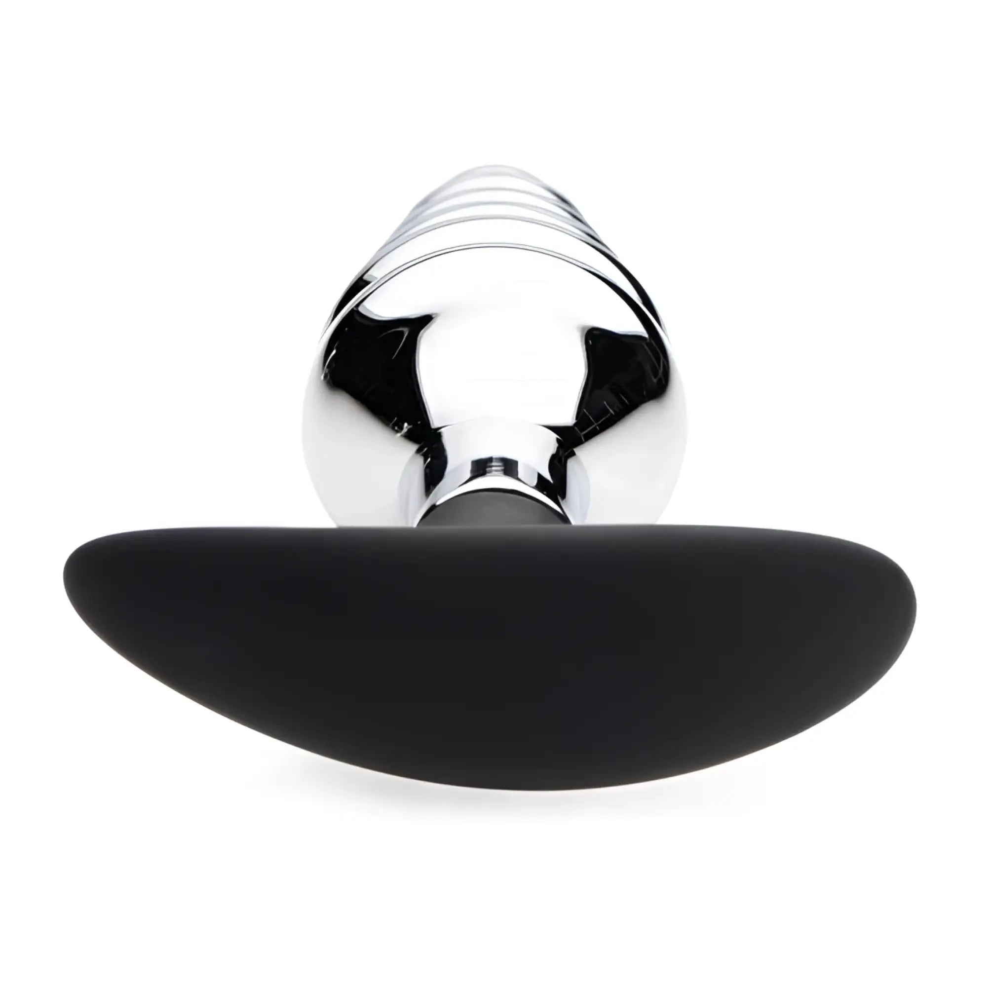 Silver metallic anal plug with black silicone base dark hive metal and silicone ribbed anal plug shown from the back side