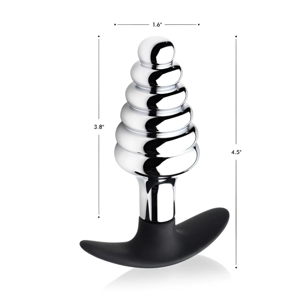 Silver-toned dark hive metal and silicone ribbed anal plug with spiral texture and black silicone base shown from the back side