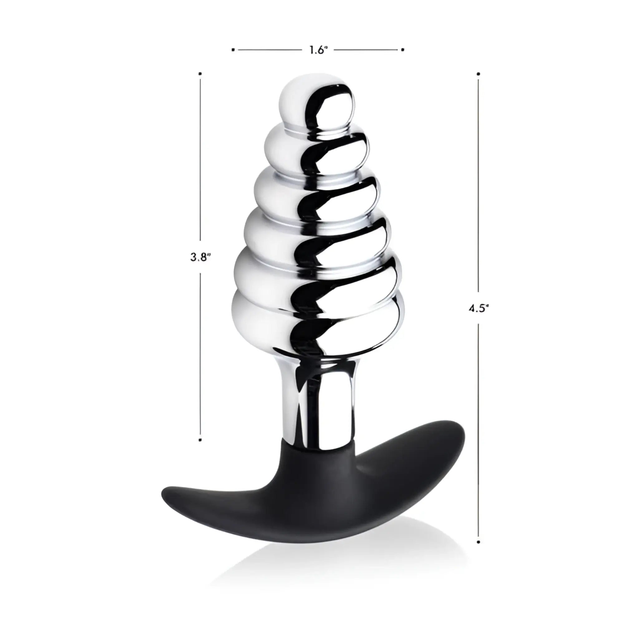 Silver-toned dark hive metal and silicone ribbed anal plug with spiral texture and black silicone base shown from the back side