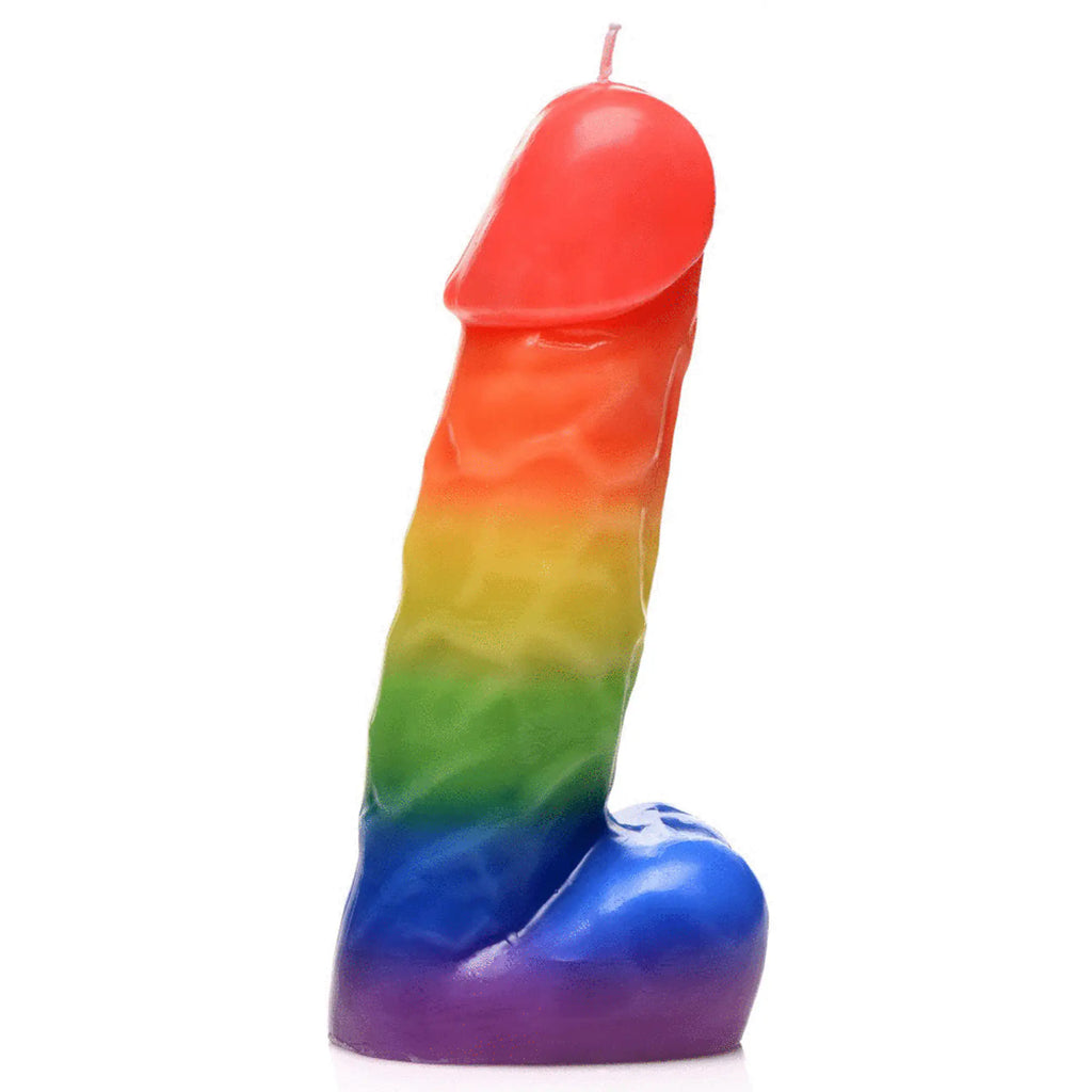 Dark pecker dick drip candle rainbow-colored with a smooth glossy finish and a wick at the top