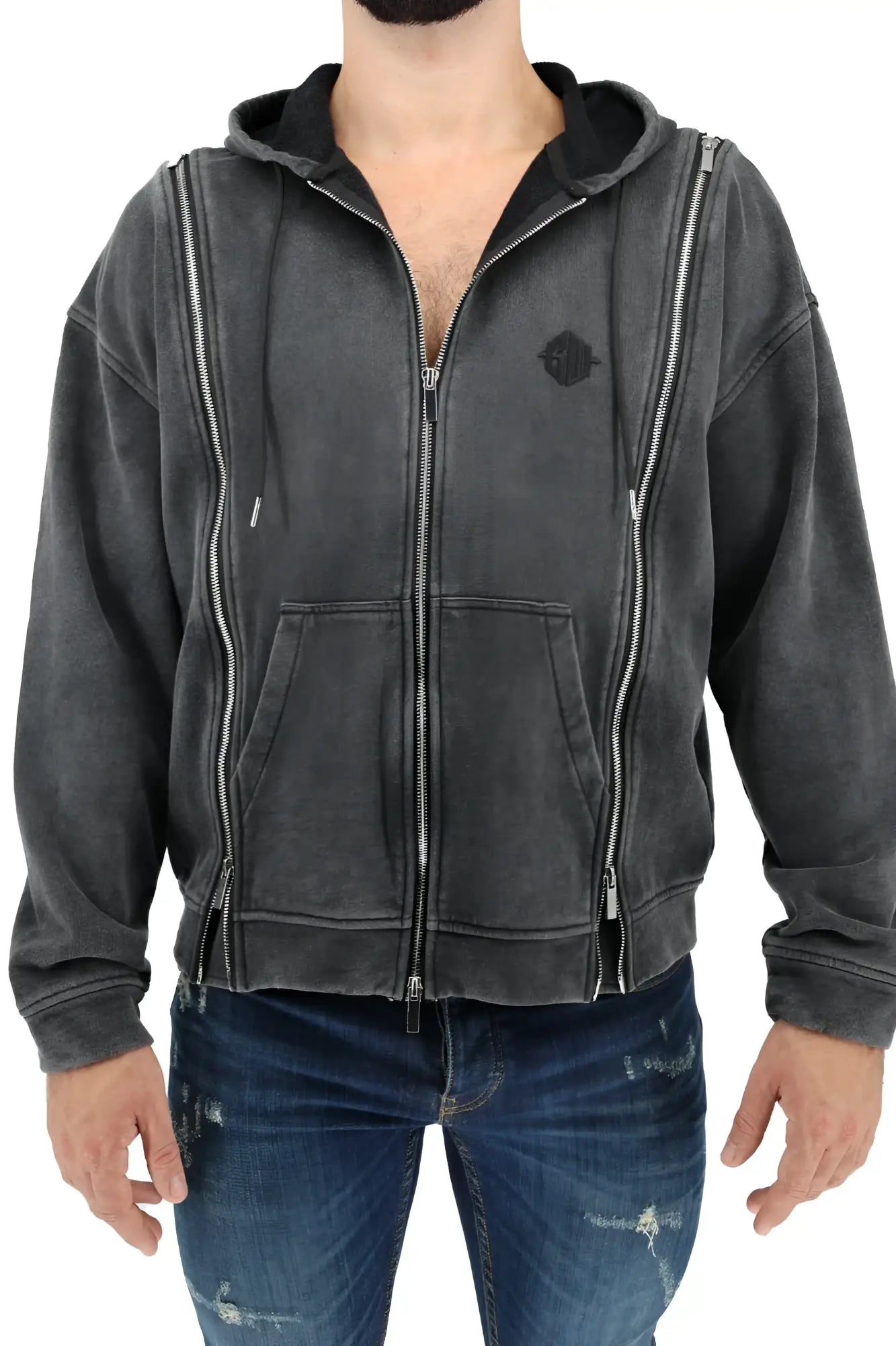 Darkroom hoodie dark gray distressed zip-up with multiple silver zippers and small black chest logo
