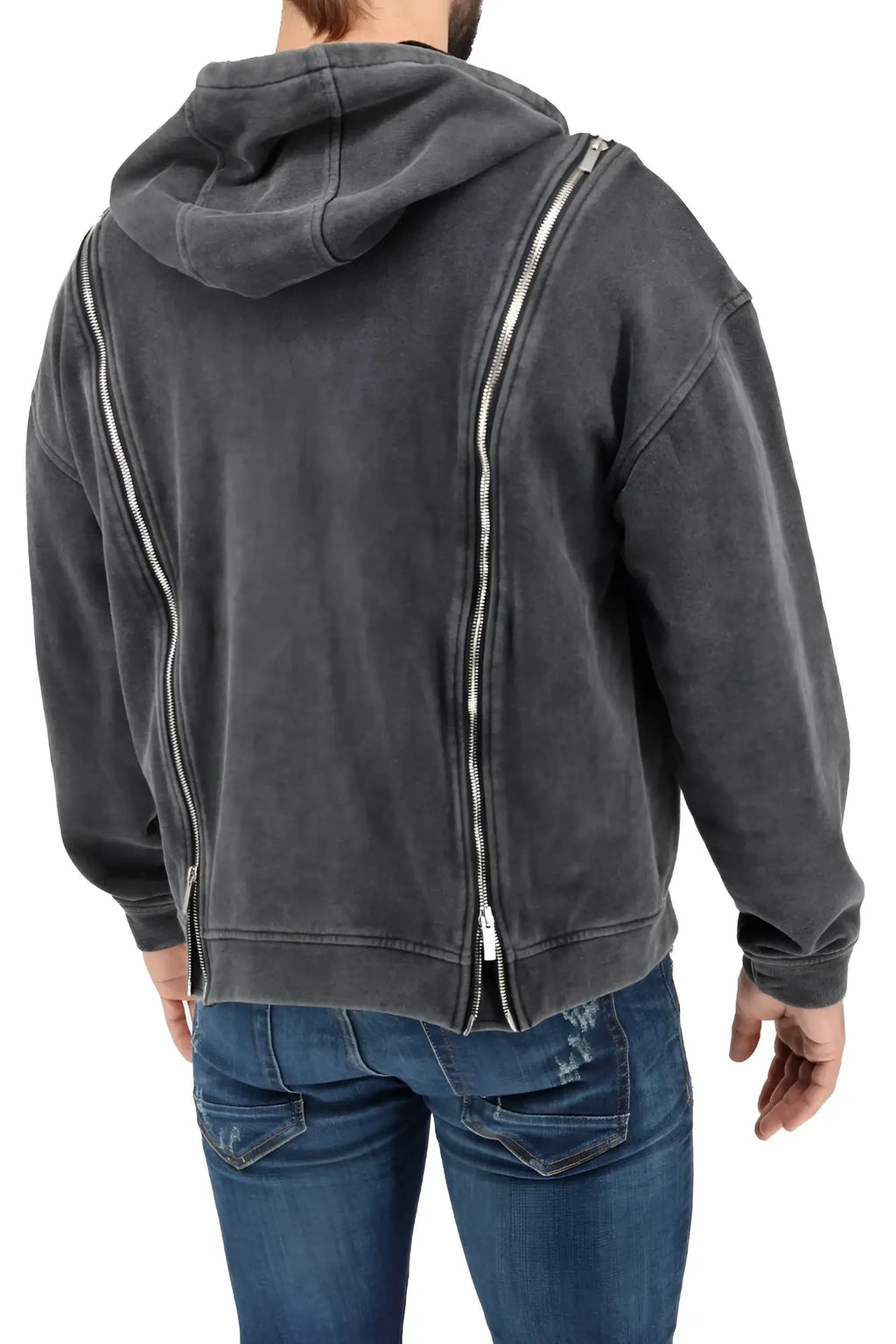 Dark gray darkroom hoodie shown from the back with silver zippers running down the back and sleeves