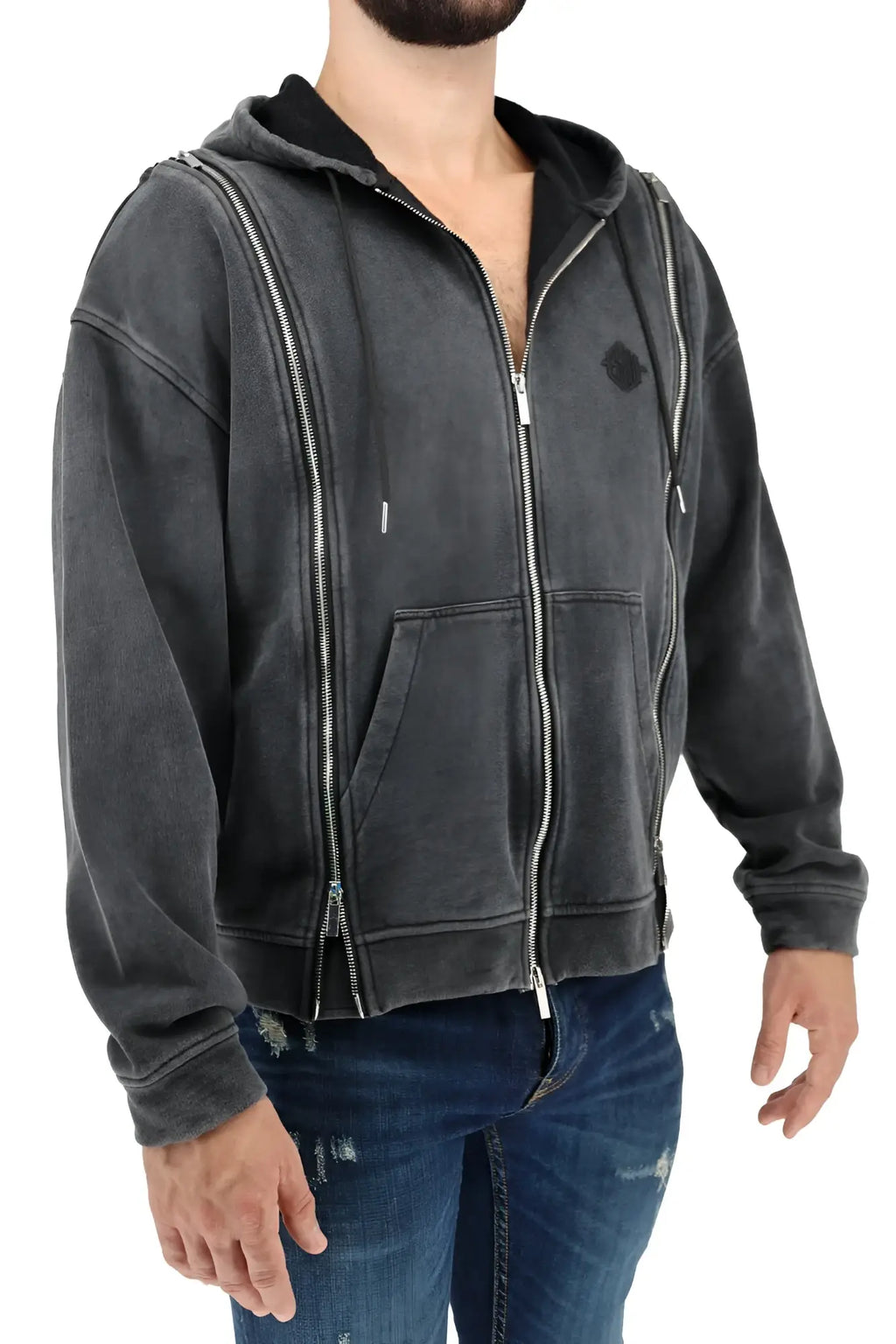 Darkroom hoodie dark gray zip-up with black inner lining silver zippers and subtle chest logo