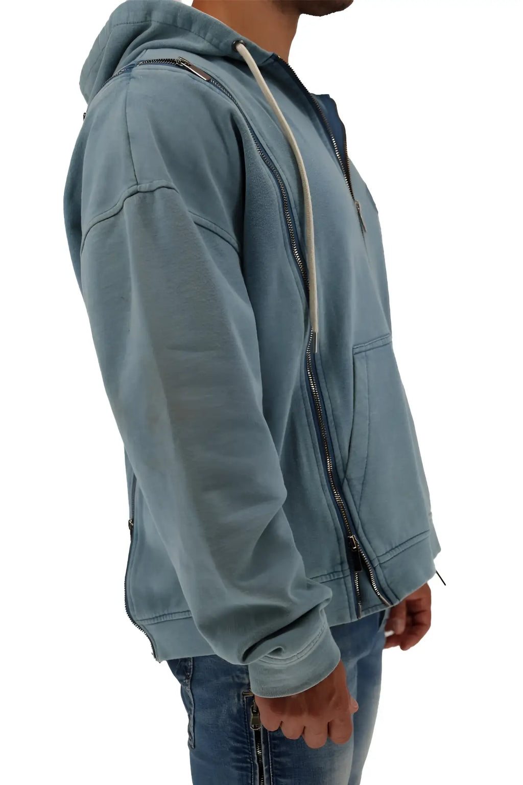 Darkroom hoodie faded blue zip up hoodie with matching hood and light gray contrasting drawstrings