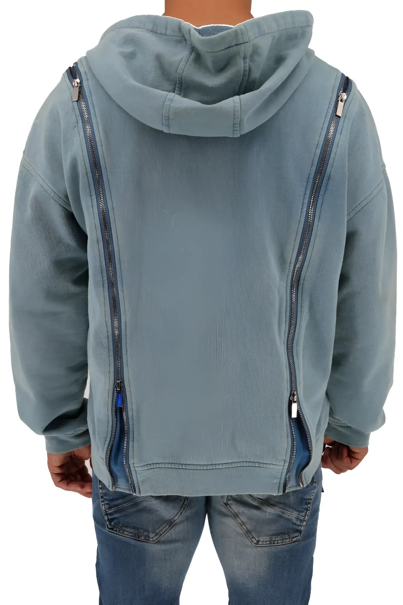 The back side of a light blue denim darkroom hoodie with two vertical zippers running down the back