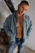 Darkroom hoodie light blue denim with white drawstrings and small embroidered logo on the chest