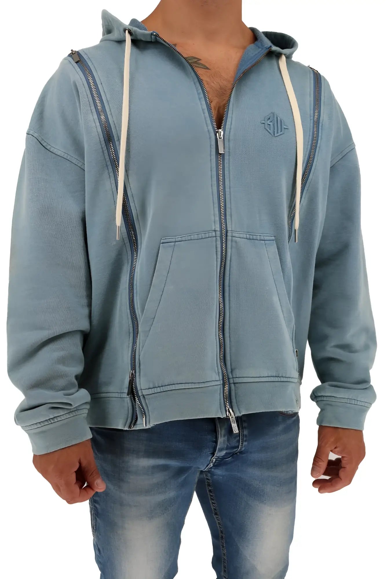 Darkroom hoodie light blue distressed zip-up with cream drawstrings and subtle embroidered logo on chest