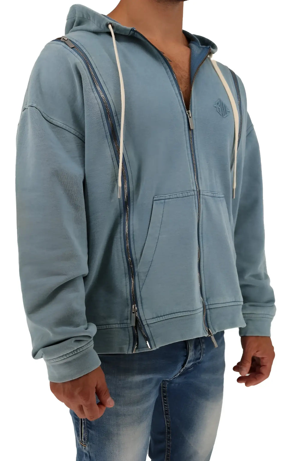 Darkroom hoodie light blue zip-up hoodie with subtle faded texture cream drawstrings and embroidered chest logo