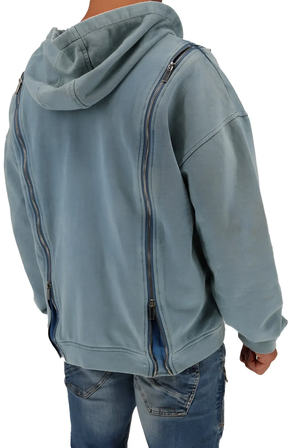 Darkroom hoodie is a muted blue zippered hoodie with a relaxed fit and contrasting dark zippers