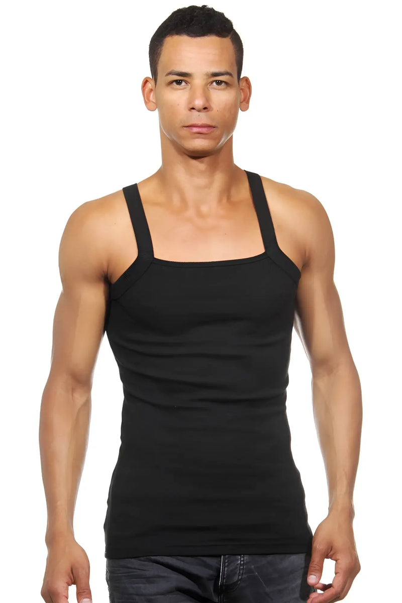 Black sleeveless ribbed tank top with square neckline and thin straps from darkzone size small