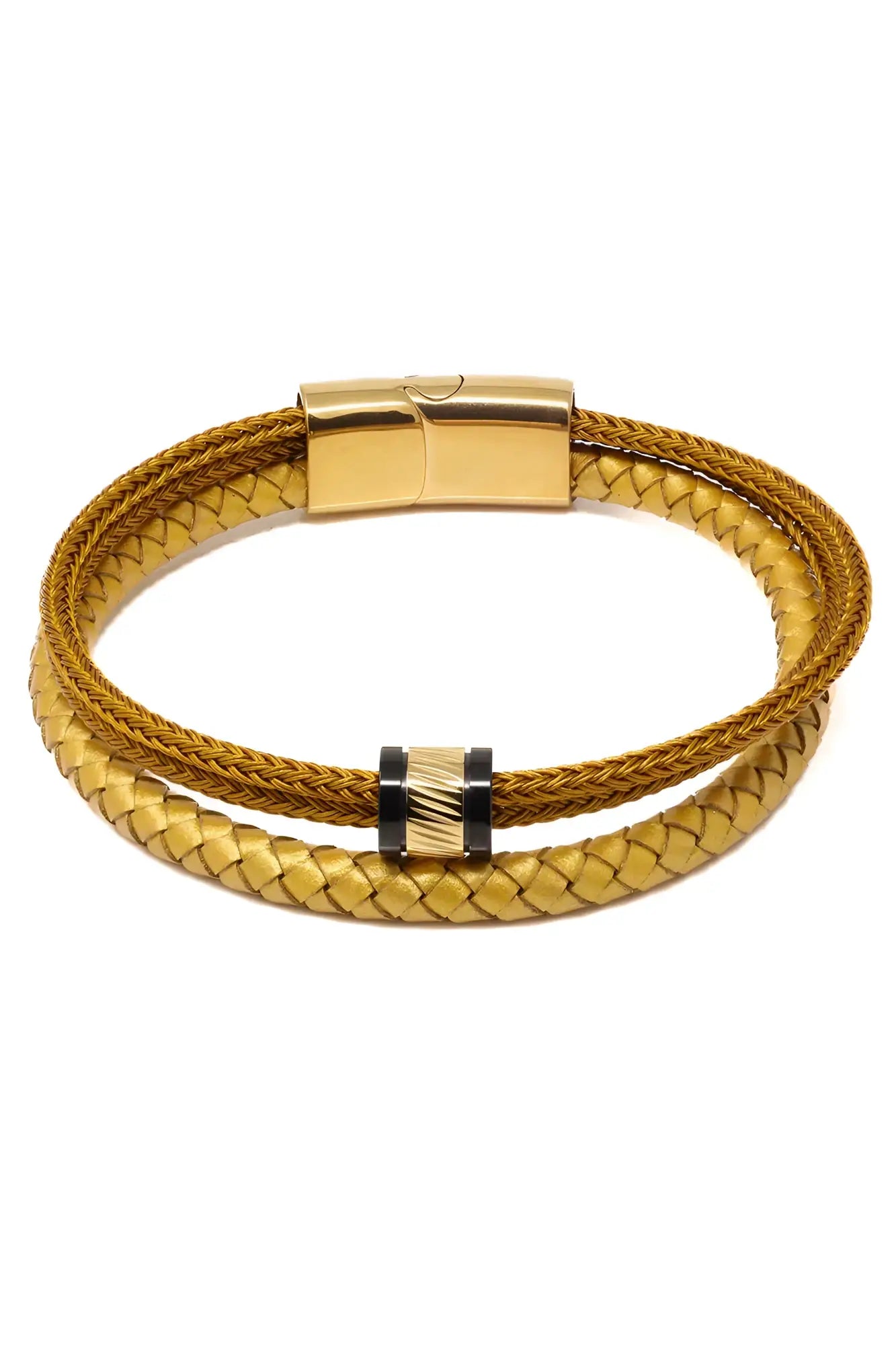 Gold-toned braided leather dashing go bracelet with sleek magnetic clasp and textured accent bead
