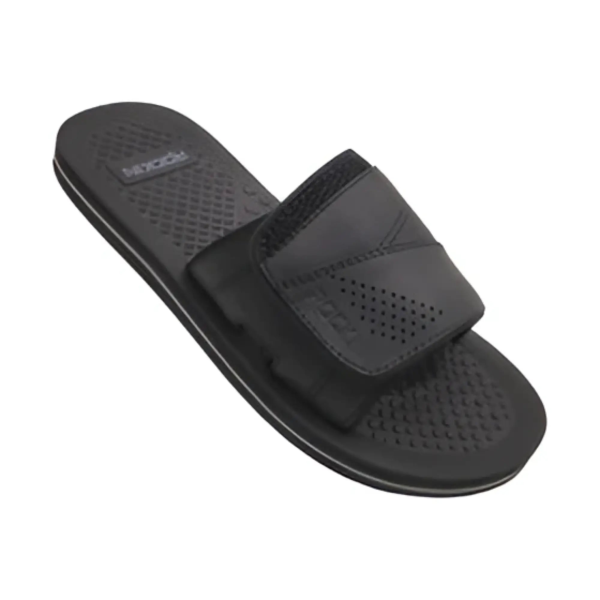 Defender slide black slip-on sandal with adjustable strap and textured rubber sole for casual wear