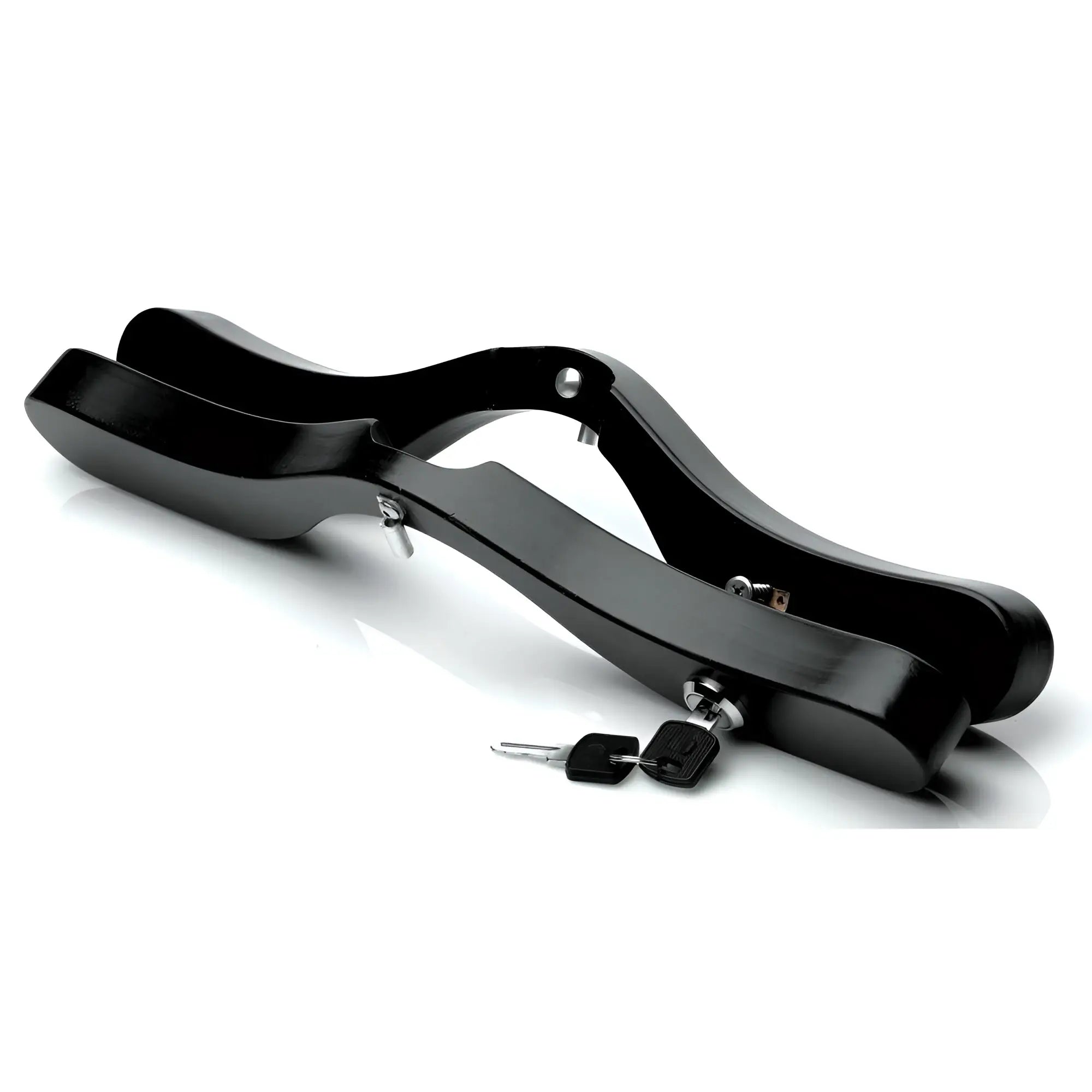 The Deluxe Humbler black glossy metal bike lock with sleek curved design and matching black keys for secure locking