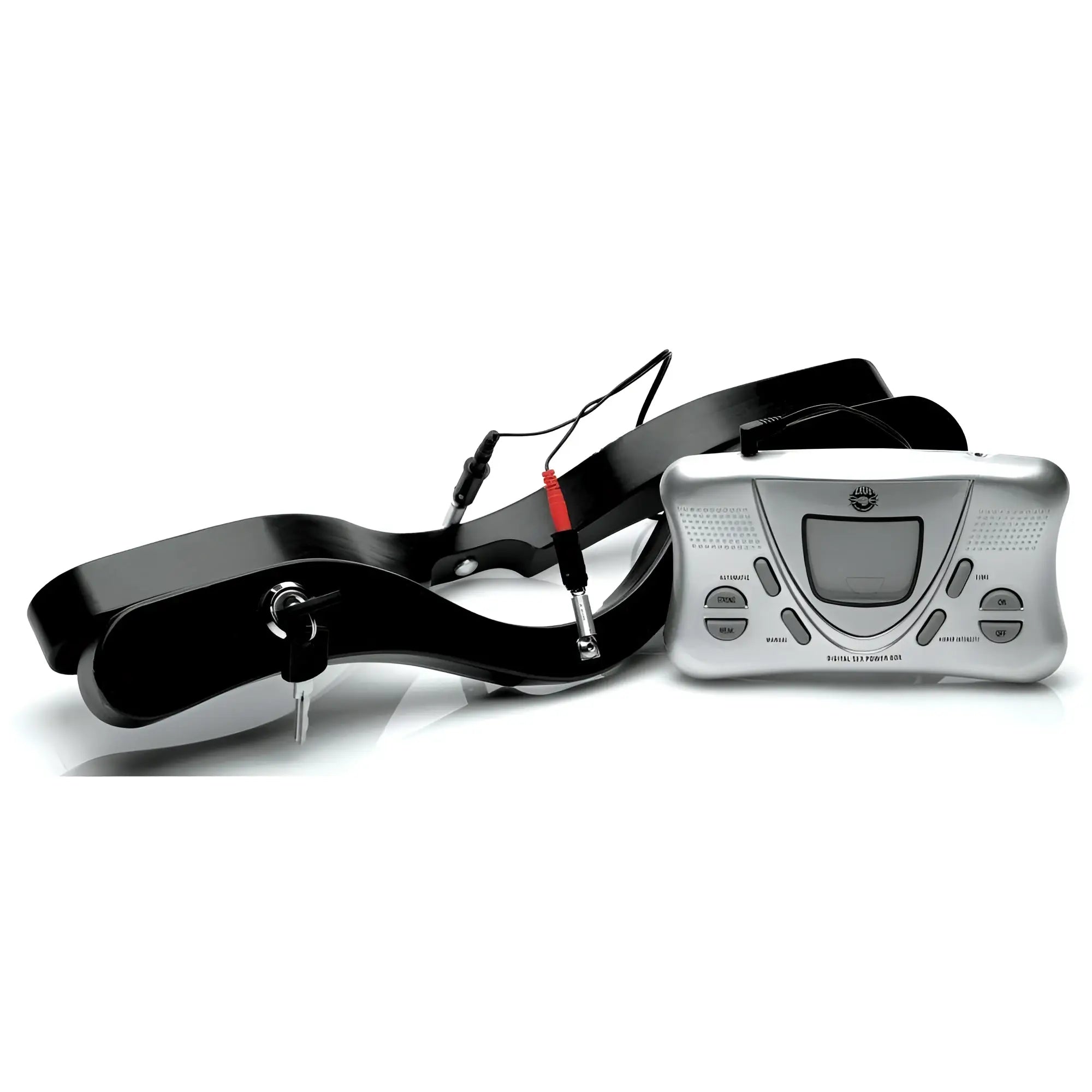 The Deluxe Humbler silver electronic device with black adjustable strap and red and black electrodes featuring control buttons