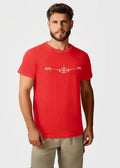 Red cotton men’s t-shirt with white airplane graphic and gig and jfk text destination JFK NY design