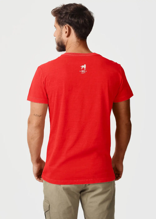 Red cotton destination jfk ny mens t-shirt showing the back with a small white logo on the upper part