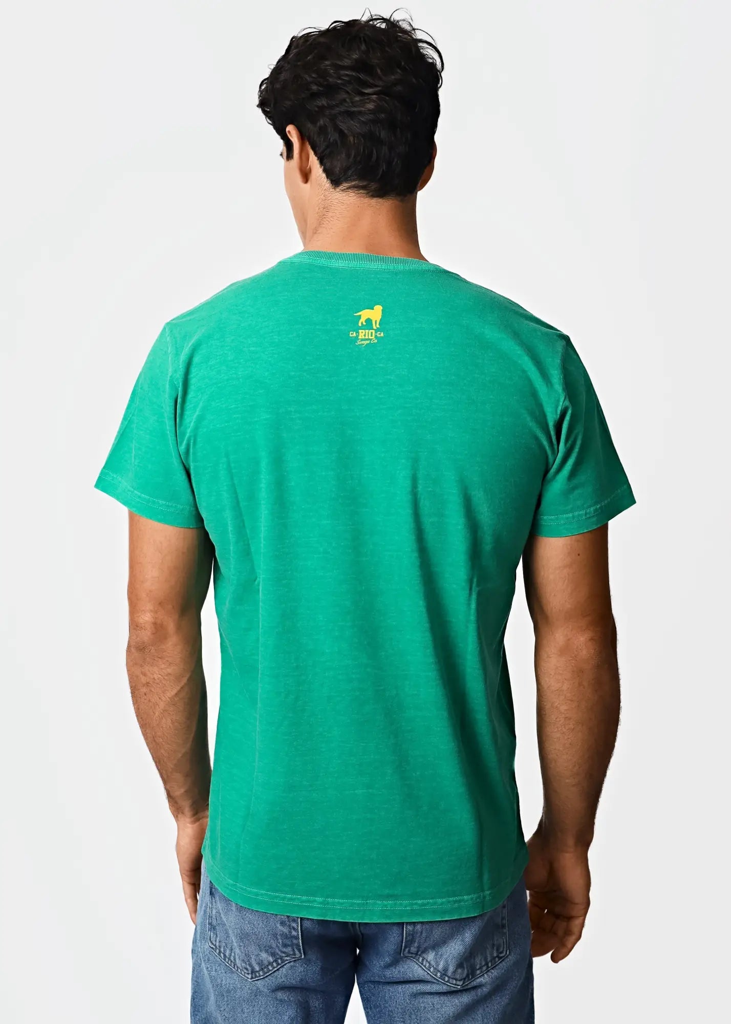 Back side of a green cotton destination LAX men’s t-shirt with a small yellow dog logo on the back
