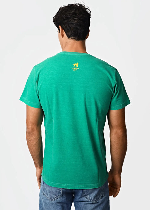 Back side of a green cotton destination LAX men’s t-shirt with a small yellow dog logo on the back
