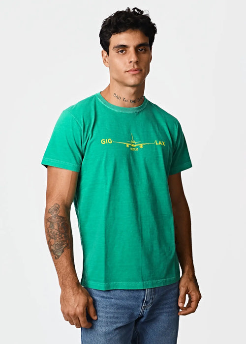 A vibrant green cotton men’s t-shirt with a yellow airplane graphic and gig lax text for destination lax