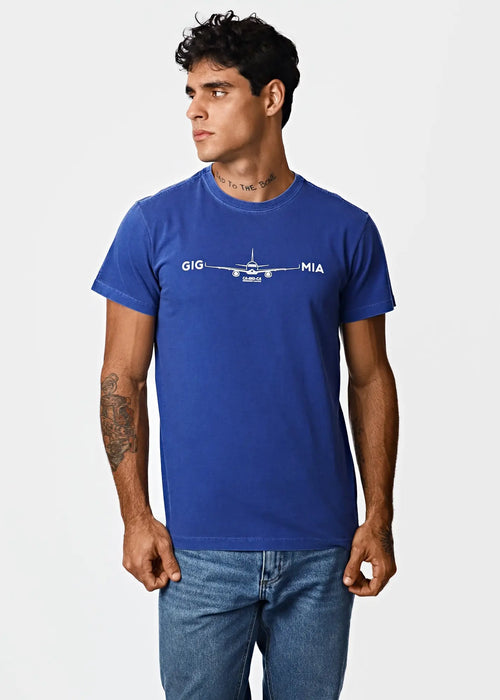 Blue crew-neck men’s t-shirt with white airplane graphic and gig mia text for destination Miami style