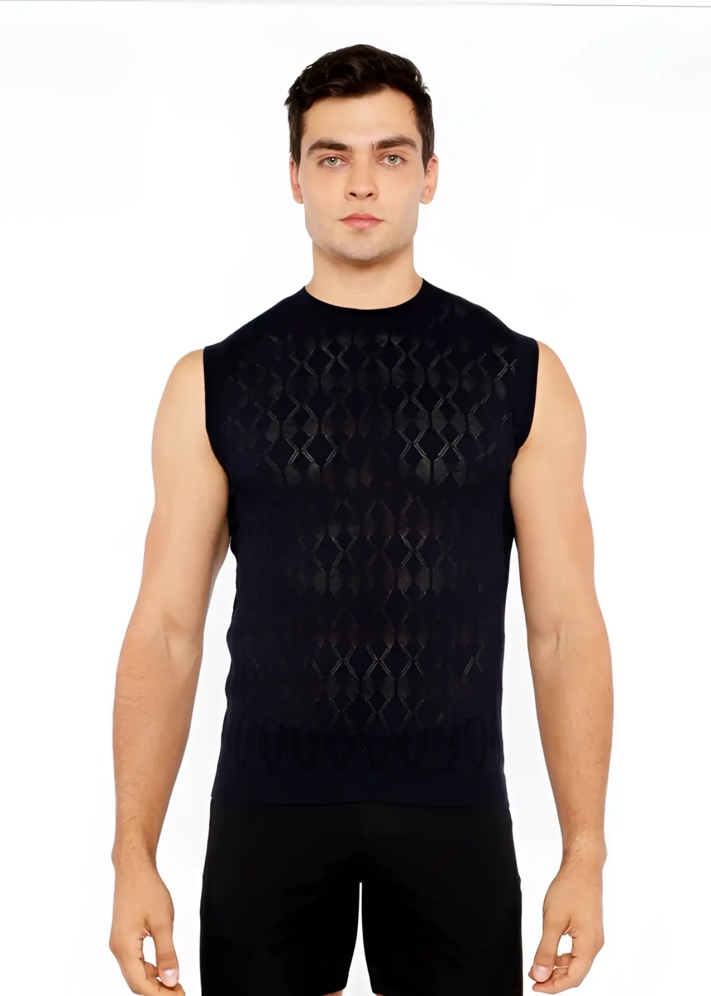 Black sleeveless diamond pointelle knit vest with subtle textured pattern perfect for layering or casual wear