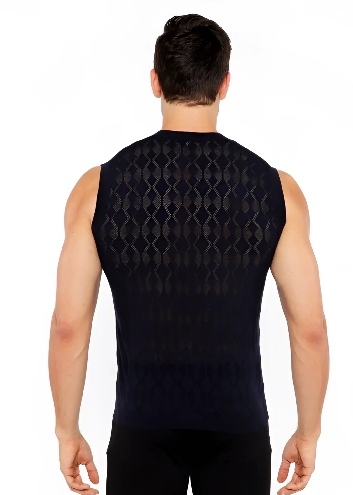 Black sleeveless knit vest with textured diamond pointelle pattern on back made from soft breathable fabric