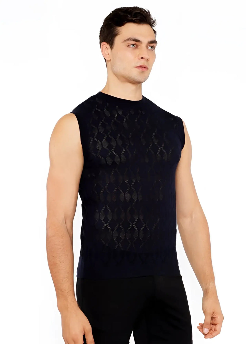 Black sleeveless diamond pointelle knit vest with textured diamond pattern made of lightweight knit fabric