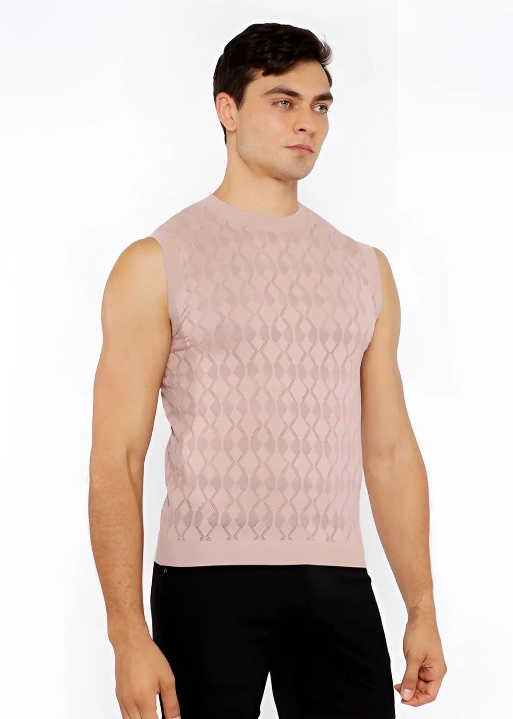 A soft pink sleeveless diamond pointelle knit vest with subtle diamond-patterned texture