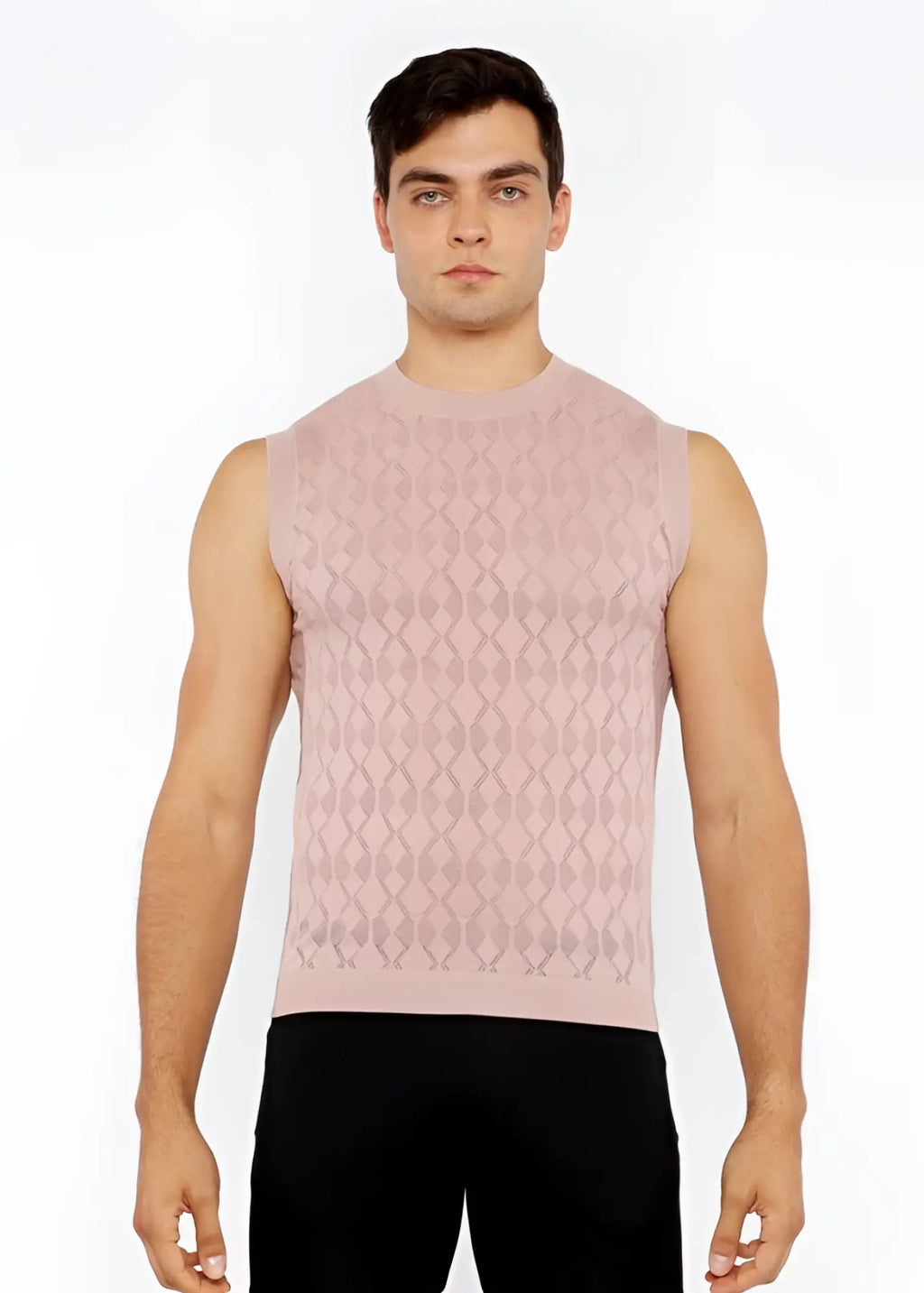A soft pink sleeveless diamond pointelle knit vest featuring a subtle diamond-patterned texture