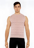 A soft pink sleeveless diamond pointelle knit vest featuring a subtle diamond-patterned texture