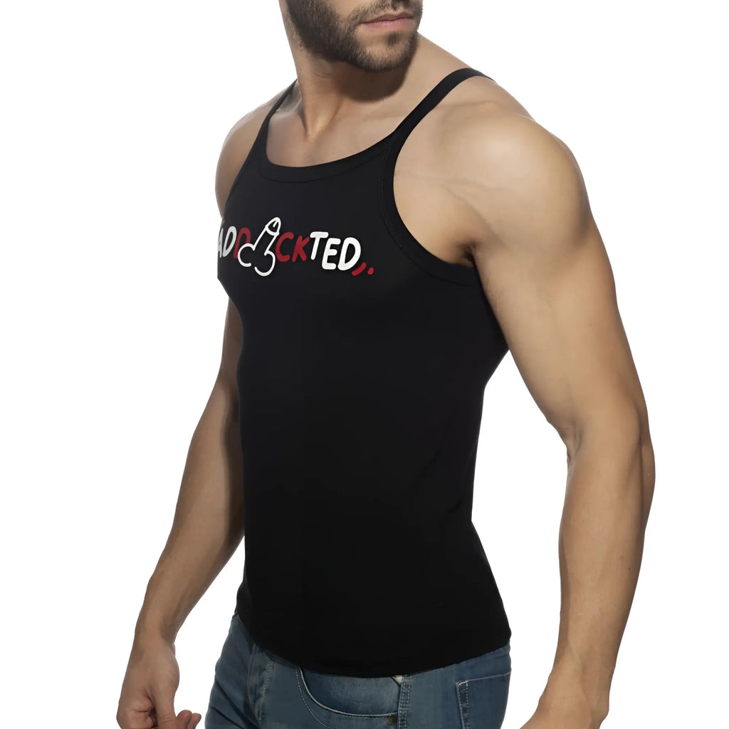 Black tank top with addicted graphic in white and red lettering across the chest from dick addickted tank top collection