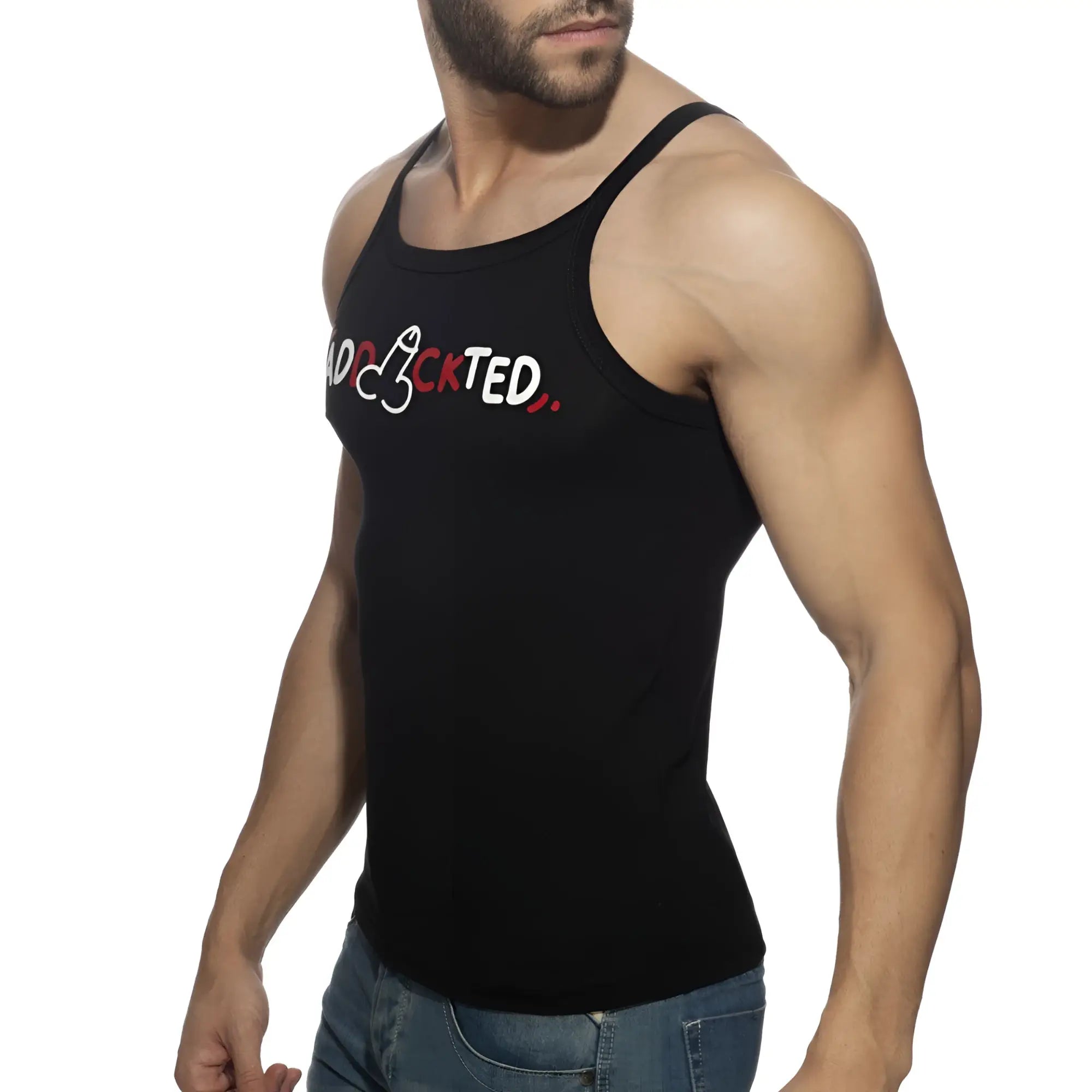 Black tank top with addicted graphic in white and red lettering across the chest from dick addickted tank top collection