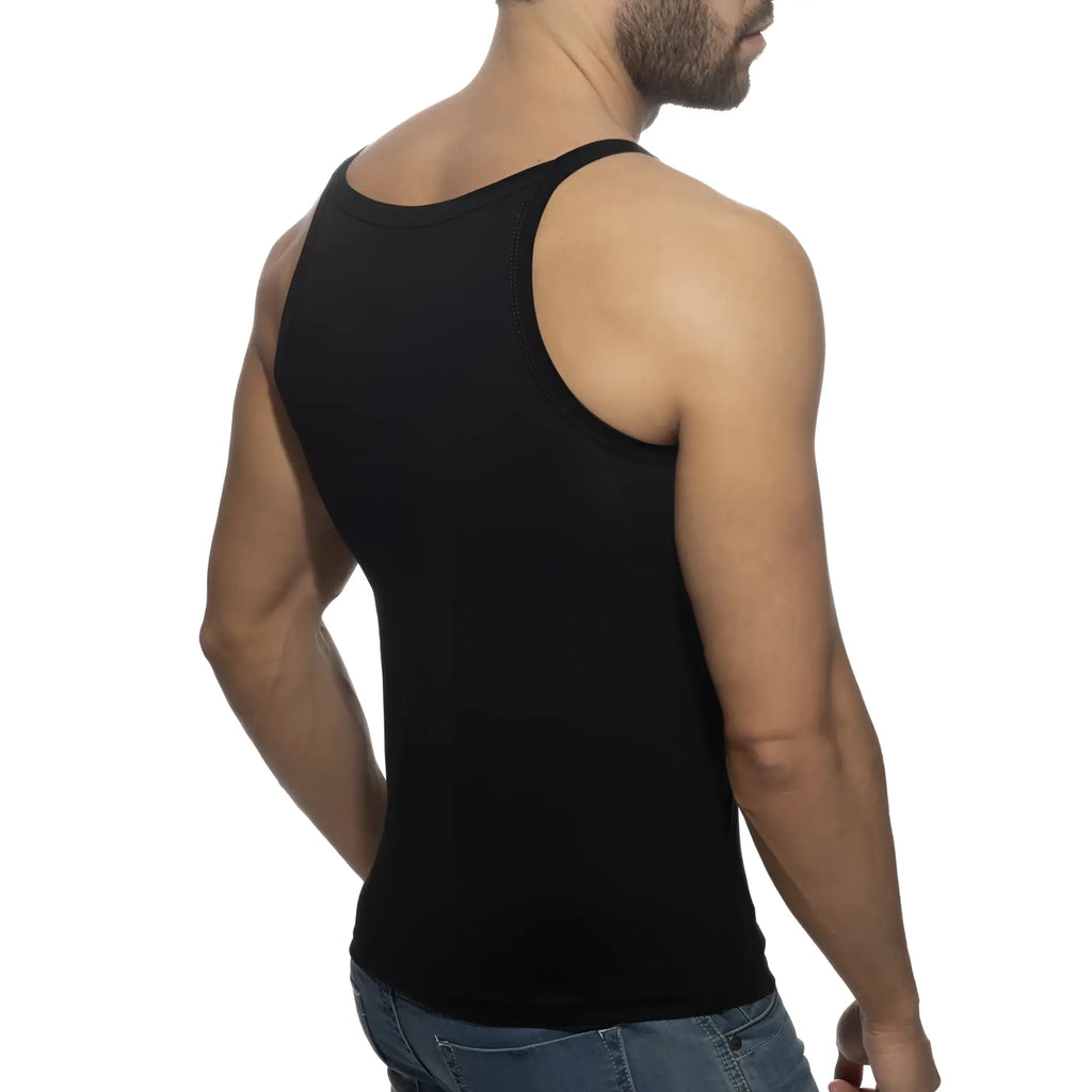 Black sleeveless fitted tank top made of soft fabric for casual wear in dick addickted tank top collection