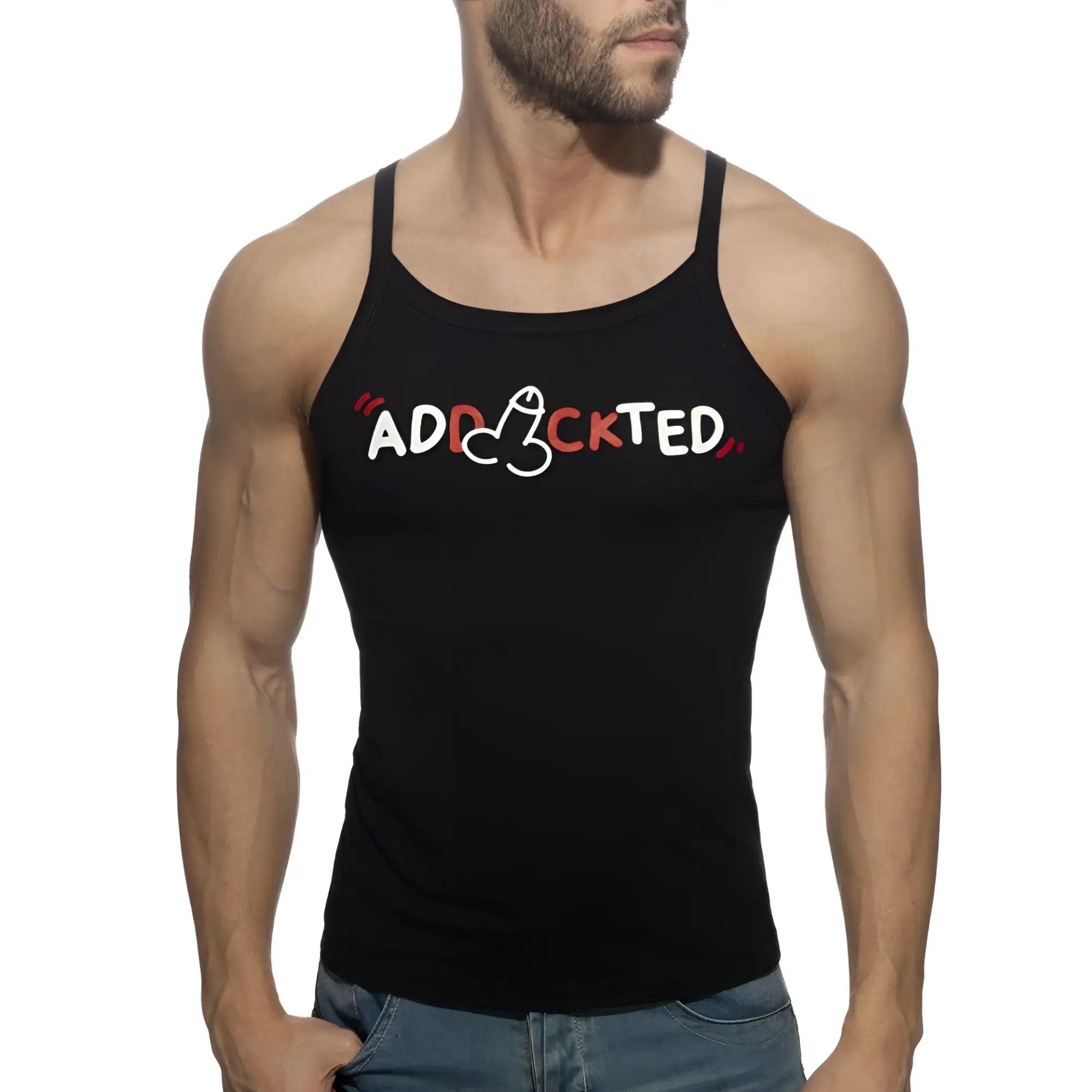Black tank top with white and red addicted graphic featuring stylized phallic o in dick addickted tank top