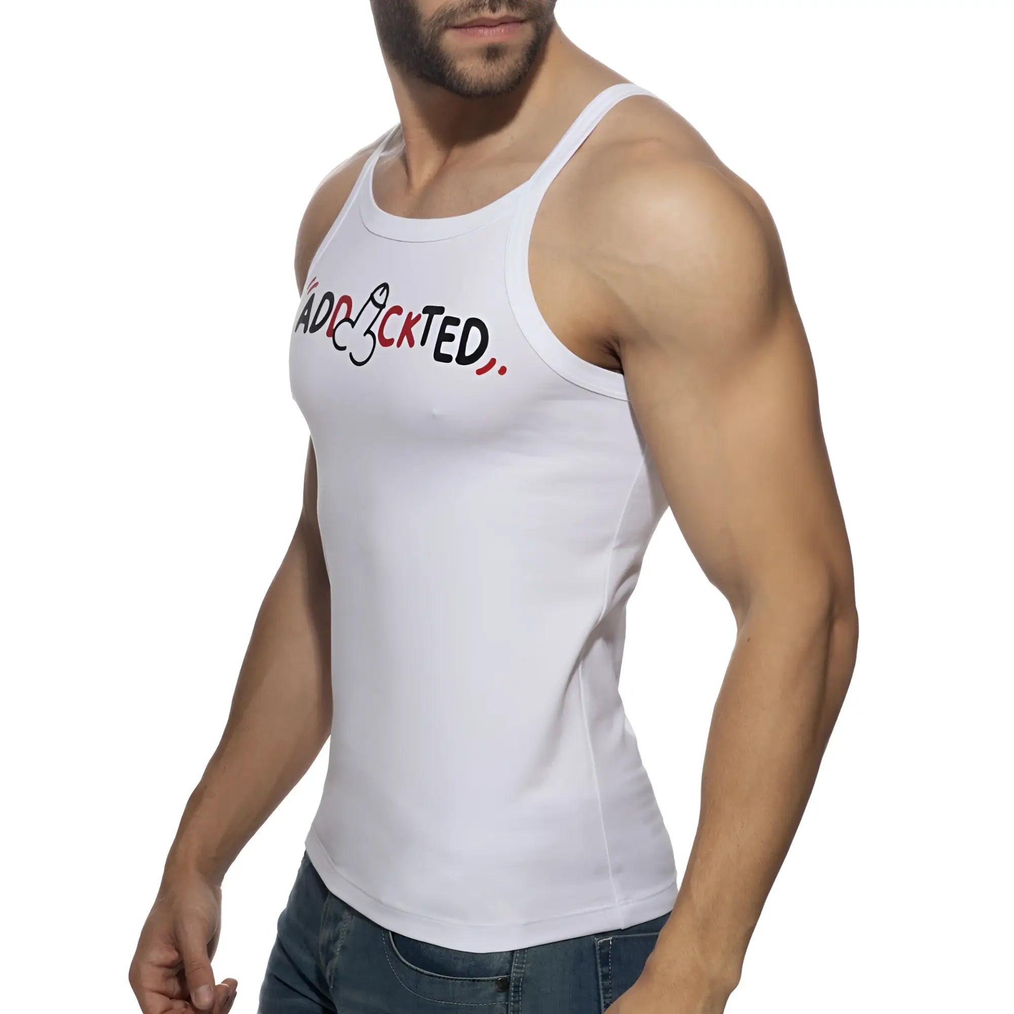White tank top featuring addicted printed in black and red lettering across the chest from dick addickted tank top collection