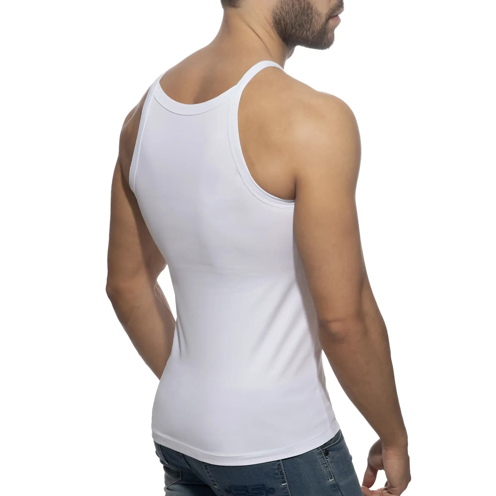 White dick addickted tank top with rounded neckline seamless construction and form-fitting design