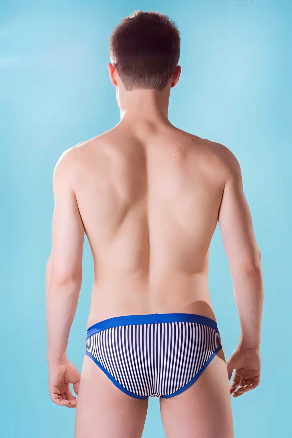 Dietz isola slip bikini swimwear in size l with blue and white striped briefs and solid blue waistband