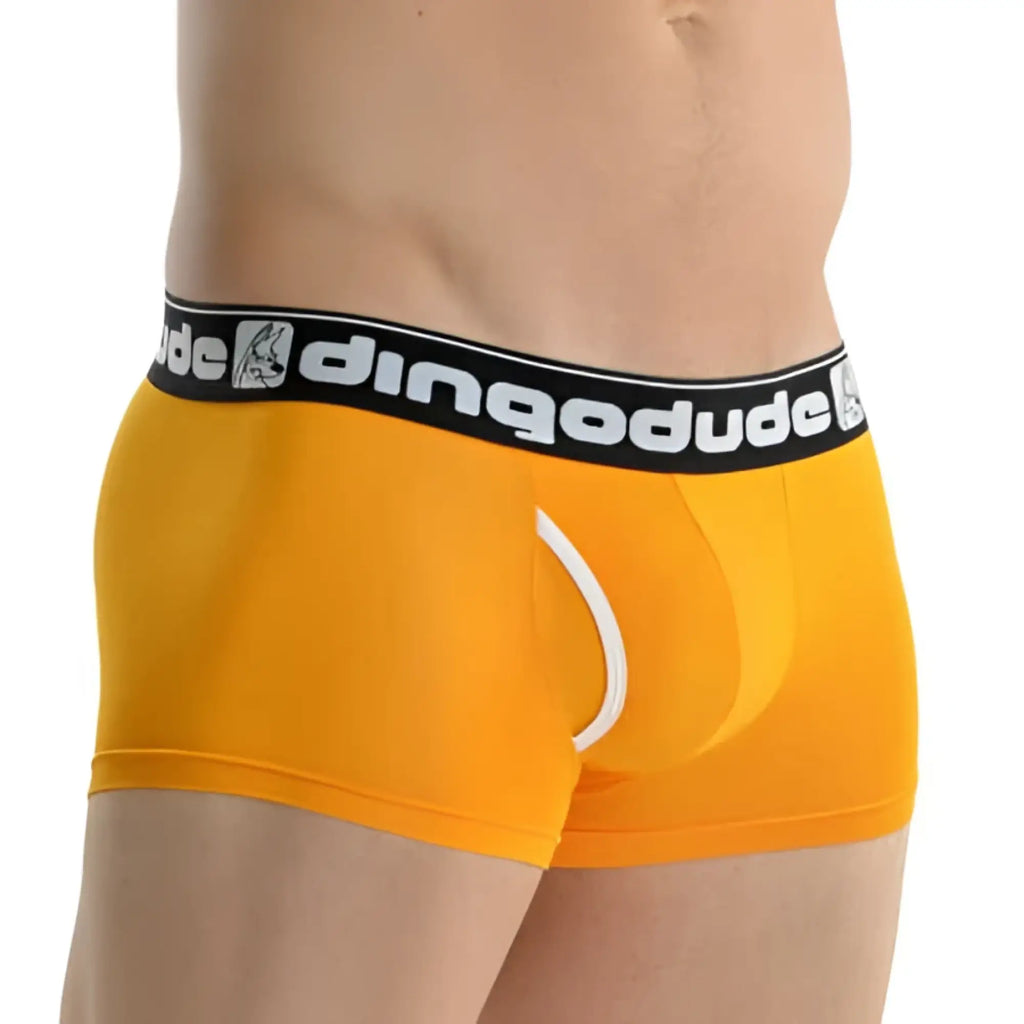 Bright orange dingodude bamboo fibre men’s boxer briefs with black branded elastic waistband size l
