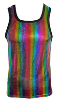 Disco queen tank rainbow holographic mesh tank top with black trim and colorful shimmering fabric