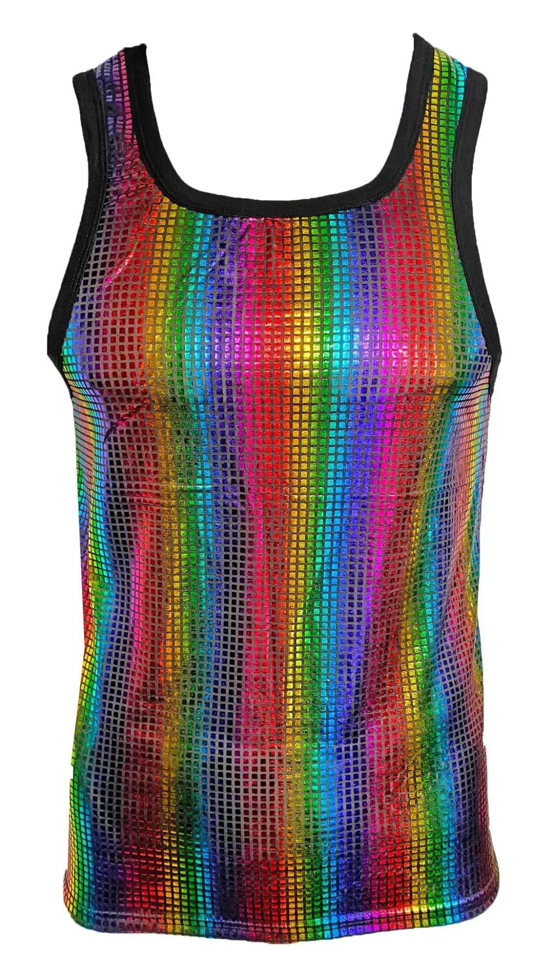Disco queen tank rainbow holographic mesh tank top with black trim and colorful shimmering fabric