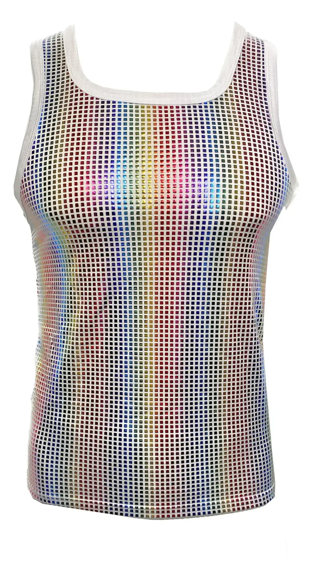 Disco queen tank rainbow holographic mesh tank top with white trim perfect for vibrant party wear