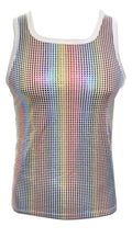 Disco queen tank rainbow holographic mesh tank top with white trim perfect for vibrant party wear